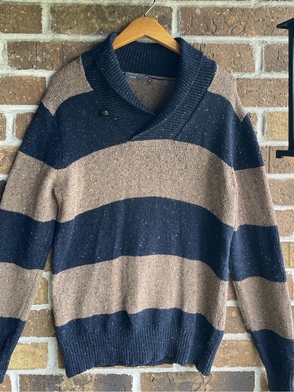 Vince Striped V-Neck Shawl Collar Sweater - Navy & Brown